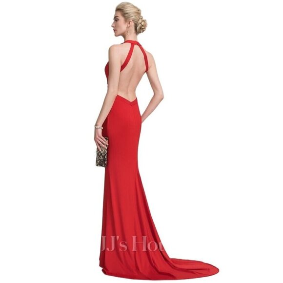 JJ"s House Red Size 4 Trumpet Mermaid V Neck Sweep Train Jersey Dress Siren - Picture 1 of 15